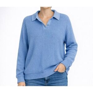 Norm Thompson Teal Linen Blend Ribbed Knit Polo Sweater Coastal Grandma xl